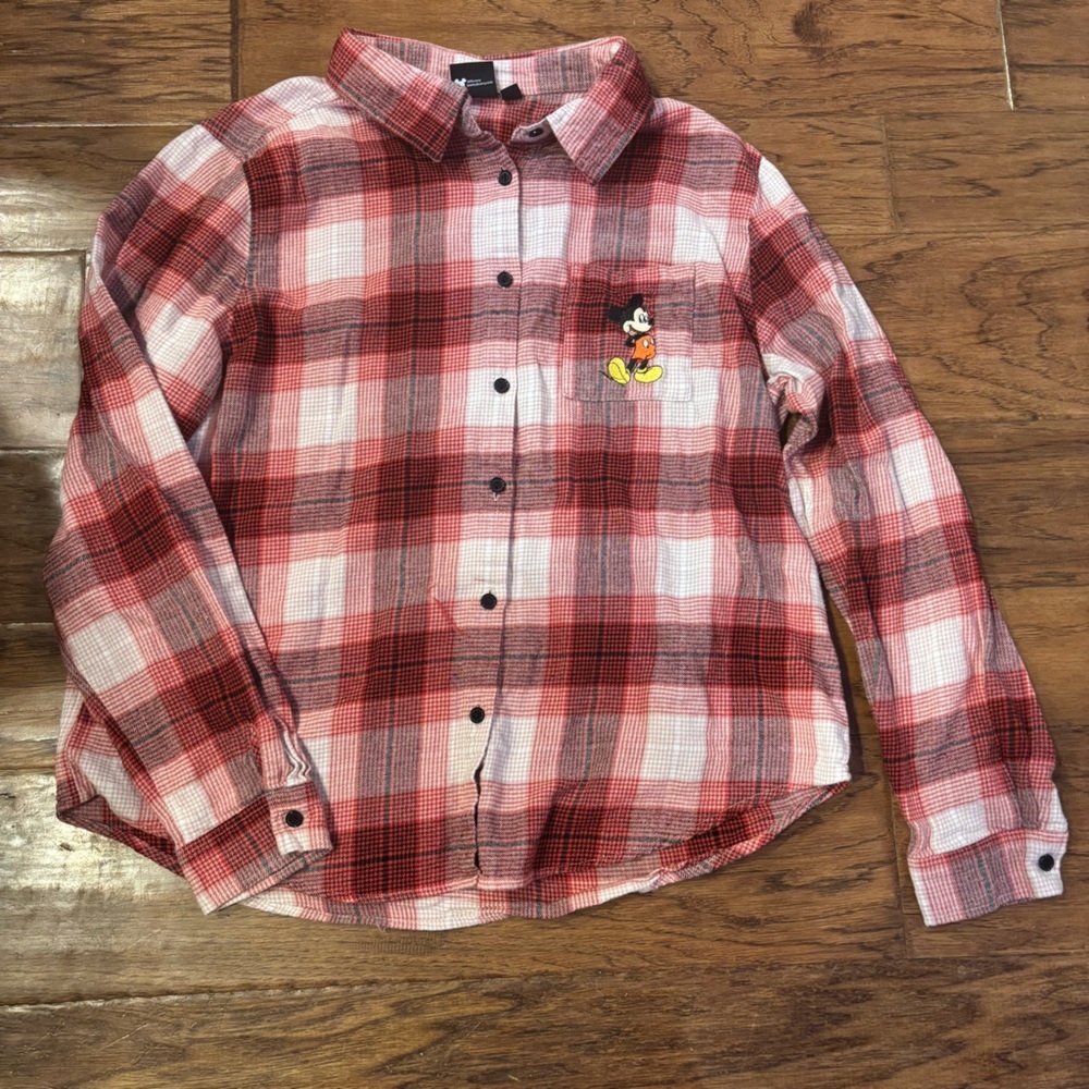 Disney Mickey Mouse Red Plaid Flannel Shirt XL 100%cotton